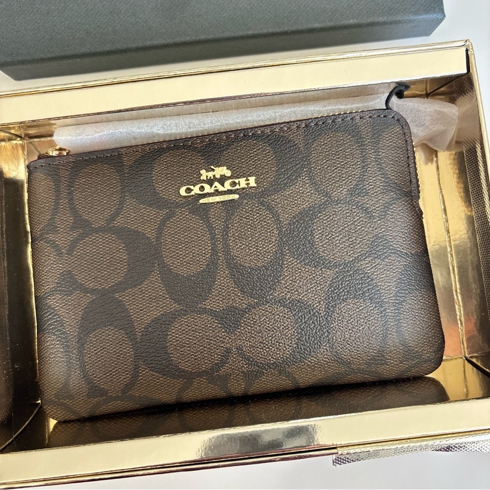 NWT Coach Signature Metallic Corner Zip Wristlet Dark Brown Red Strap - Picture 2 of 6